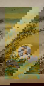 A Chinese Ink Painting of Sheep on Silk