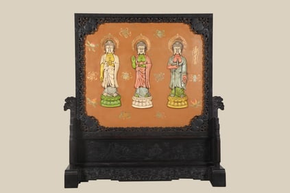 A Huge Zitanwood Lacquer Inlaid with Jade Three Treasures Buddha Insert Screen