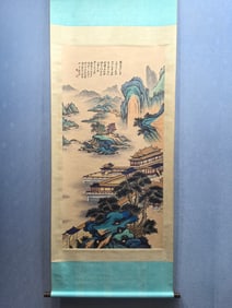 A Chinese Vertical Scroll Ink Painting of Landscapes on Paper