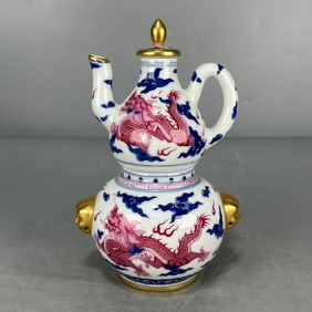 A Exquisite Blue and White Gem Red Painted Gold Dragon Pattern Double-Ears Ewer