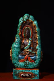 A Exquisite Meteorite Carved Inlaid Dzi bead Gems Buddha statue Ornament
