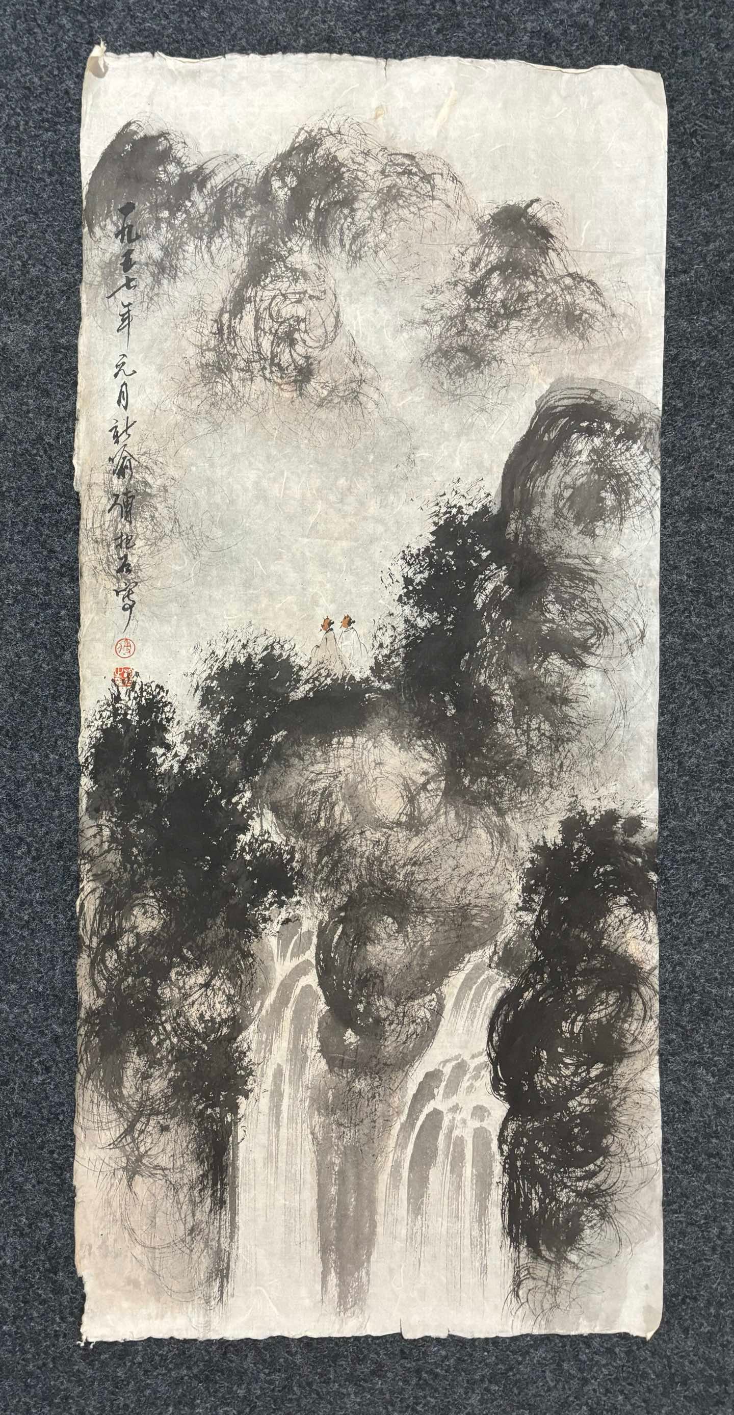 A Chinese Ink Painting of Landscape on Paper: A Chinese Ink Painting of Landscape on Paper,Modern Time of China,Fu Baoshi,without frame size:37.8inx17.3in 一幅中国水墨纸本山画,近&#