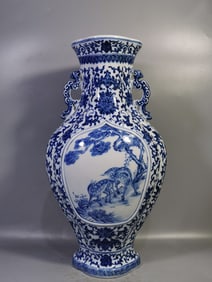 A Exquisite Blue and White Lotus Deer Pattern Double-Ears Vase