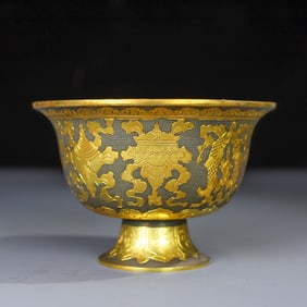 A Exquisite Gilt Bronze Carved Eight Treasures Bowl