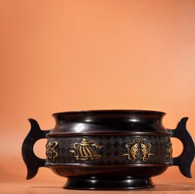 A Exquisite Red Copper Relief Gilt Double-Ear Censer