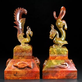 A pair of Hetian Jade Dragon and Phoenix Seal