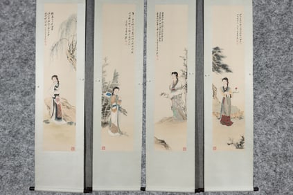 A Set of Chinese Vertical Scroll China Ink Painting of Figures on Paper