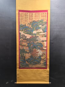 A Chinese Vertical Scroll Ink Painting of Landscapes on Silk