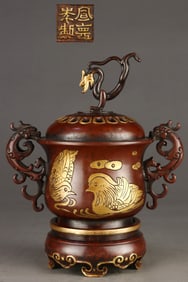 Gilt Red Copper Flower Bird Pattern Dragon-Ears Censer