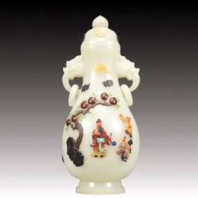 A Precious White Jade Inlaid Gems Character and Story Pattern Double-Ears Vase