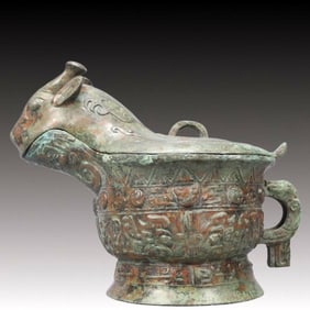 A Precious Bronze Beast-Face Pattern Ewer with Cover ,With Inscription