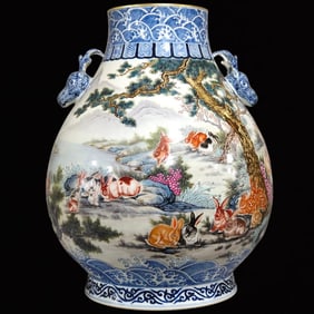 A Huge Blue and White Famille-Rose Rabbit Pattern Deer-Ears Vase