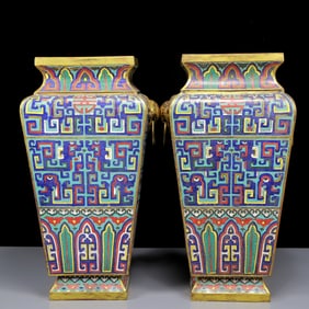 A Pair of Huge Cloisonne Dragon Pattern Double-Ears Vases