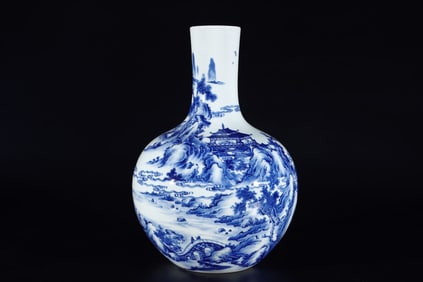A Rare Blue and White Landscape and Figure Pattern Vase