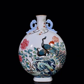 An Exquisite Enamel Peacock and Peony Pattern Double-Ears Vase