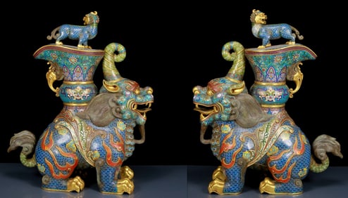 A Pair of Huge Cloisonne Auspicious Beast Censers