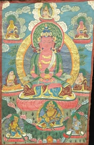 A Rare Brocade Painted Color Statue of Amitayus Tangka