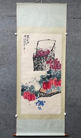 A Chinese Vertical Scroll Ink Painting of Vegetables and Fruit on Paper
