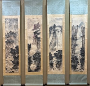 A Set of Chinese Vertical Scroll Ink Painting of Landscape on Paper