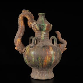 An Exquisite Tang Tri-Color Glazed PotteryDragon and Elephant Pattern Ewer