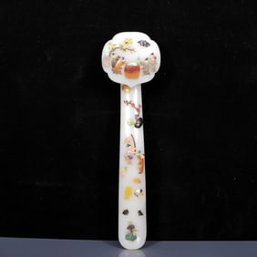 A Huge White Jade Inlaid Gems Figure Pattern Ruyi, with poem