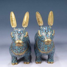 A Pair of Huge Cloisonne Auspicious Beast Ornaments