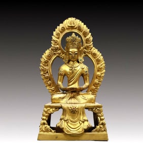A Solemn Gilt Bronze Statue of Amitayus,Inlaid Gems