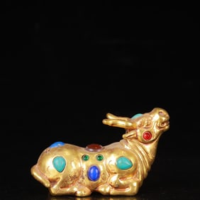 An Exquisite Gilt Bronze Buffalo Ornament,Inlaid Turquoise