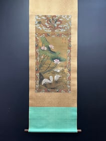 A Chinese Vertical Scroll Ink Painting of Flower and Bird on Silk