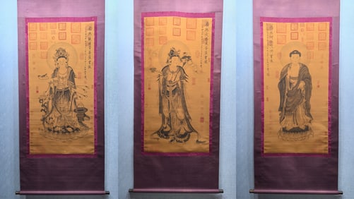 A Set of Chinese Vertical Scroll Ink Painting of Figure on Silk