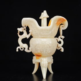 An Exquisite White Jade Beast-Face Pattern Dragon-Ears and Tripod Censer