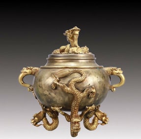 A Rare Gilt Silver Dragon Pattern Double-Ears Censer