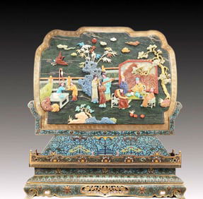 A Rare Cloisonne Inlaid Gems Figure Pattern Table Screen,with poem