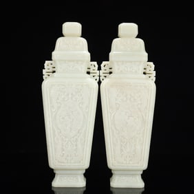 A Pair of Exquisite White Jade Flower and Figure Pattern Double-Ears Bottles
