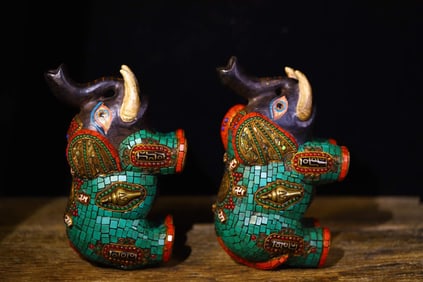 A Pair of Rare Meteorite Inlaid Dzi Bead and Turquoise Statues of Ganesh