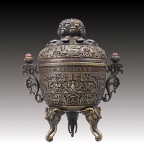 A Rare Silver Lotus Pattern Double-Ears and Elephant-legs Censer, Inlaid Gems