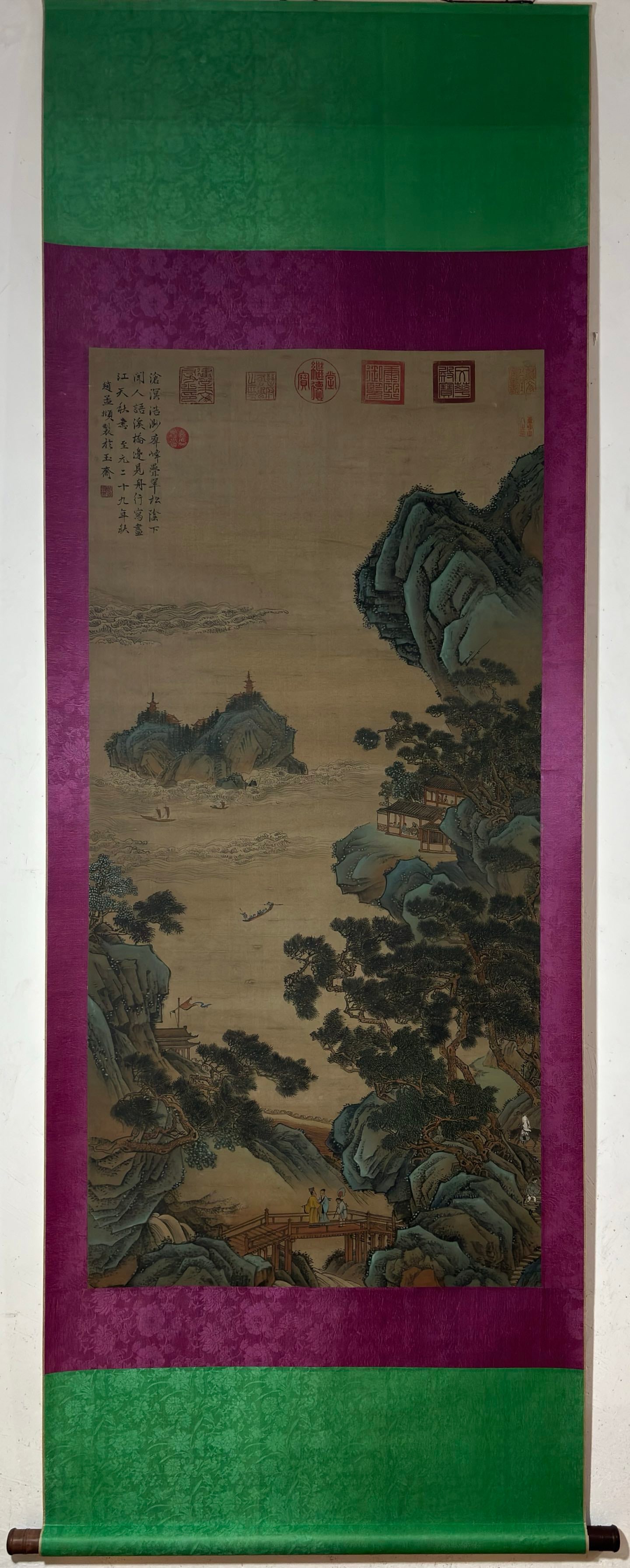 A Chinese Vertical Scroll Ink Painting of Landscape on Silk: A Chinese Vertical Scroll Ink Painting of Landscape on Silk,Zhao Mengfu,Size:55.1inx26.8in 一幅中国水墨绢本山水画立轴,$