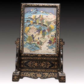 A Exquisite Carved Red Lacquer Inlaid Cloisonne Landscape and Figure Pattern Screen