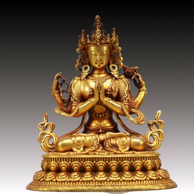 A Solemn Gilt Bronze Statue of Four-arms Avalokitesvara