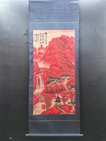 A Chinese Vertical Scroll Ink Painting of Landscape on Paper