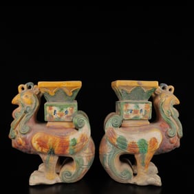 A Pair of Exquisite Tang Tri-Color Glazed Pottery Auspicious Beast Censers