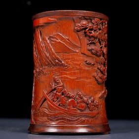 An Exquisite Bamboo Character and Story Pattern Brush Pot,With Poem
