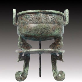 A Precious Bronze Dragon Pattern Double-Ears and Tripod Censer