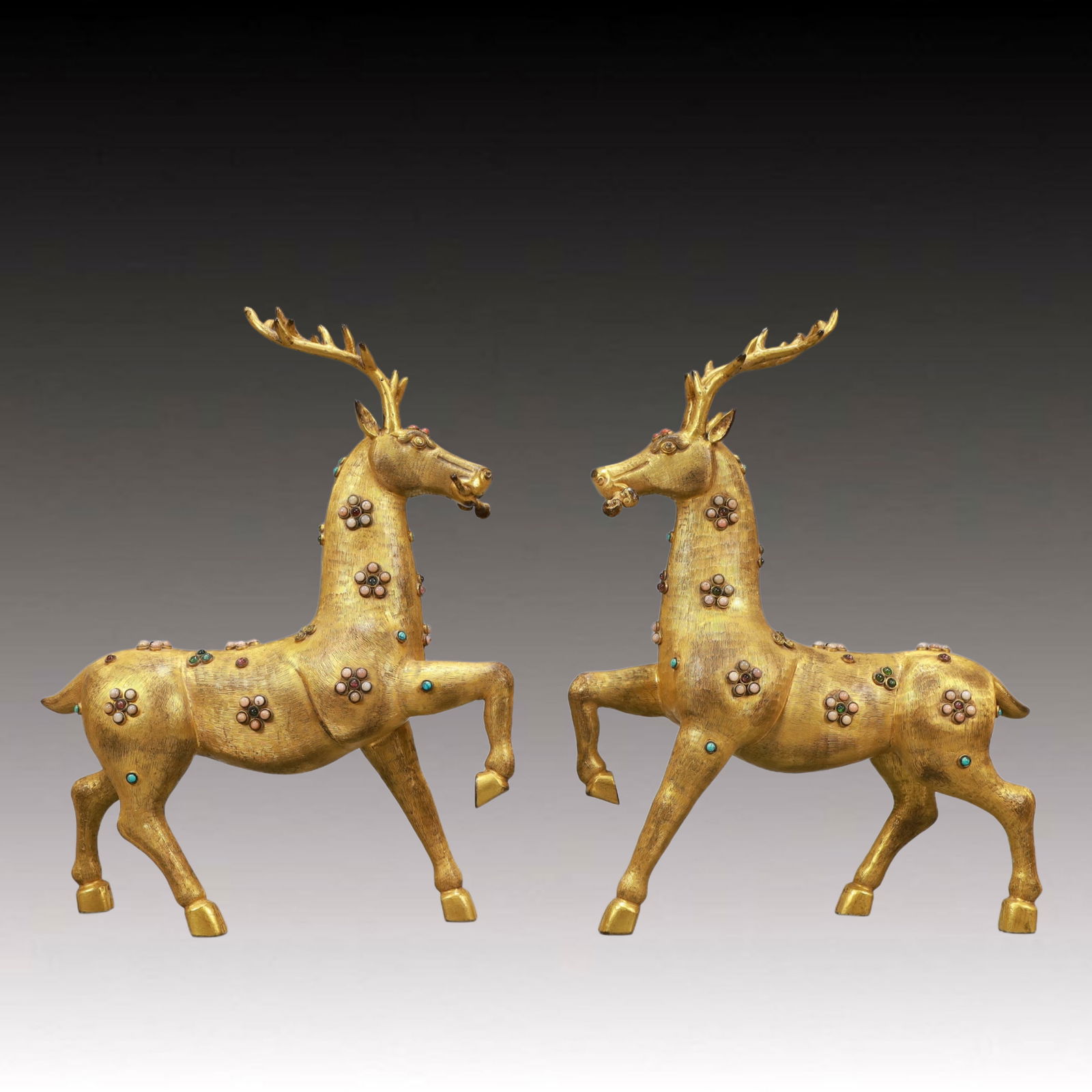 A Pair of Rare Gilt Bronze Sika Deer Ornaments,Inlaid Turquoise (1 of 18)
