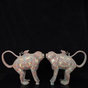 A Pair of Archaic Bronze Inlaid Gold and Silver Monkey Censers