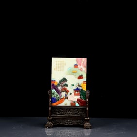 A Rare Greenish Jade Inlaid Gems Landscape and Figure Pattern Table Screen,with an Imperial Poem by
