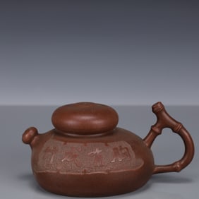 An Exquisite Purple Sands Bamboo Pattern Teapot,With poem