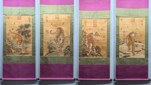 A Set of Chinese Vertical Scroll Ink Painting of Tiger on Paper
