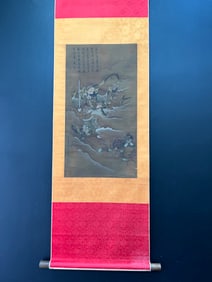 A Chinese Vertical Scroll Ink Painting of Character and Story on Silk