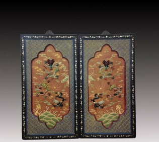 A Pair of Huge Zitanwood Auspicious Cloud and Dragon Pattern Hanging Panels, Inlaid Gems